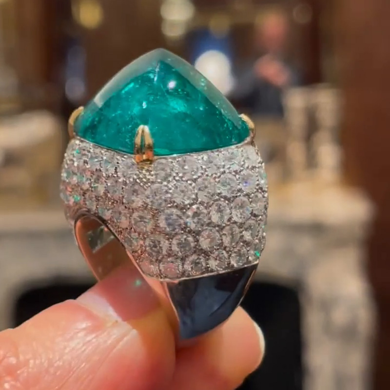 10.5ct Sugar Loaf Cabochon Emerald Paved Two-Tone Handmade Sterling Silver Ring