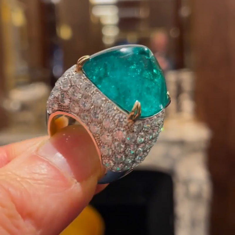 10.5ct Sugar Loaf Cabochon Emerald Paved Two-Tone Handmade Sterling Silver Ring