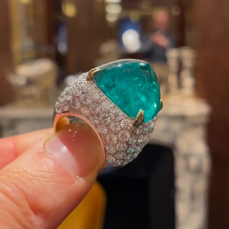 10.5ct Sugar Loaf Cabochon Emerald Paved Two-Tone Handmade Sterling Silver Ring