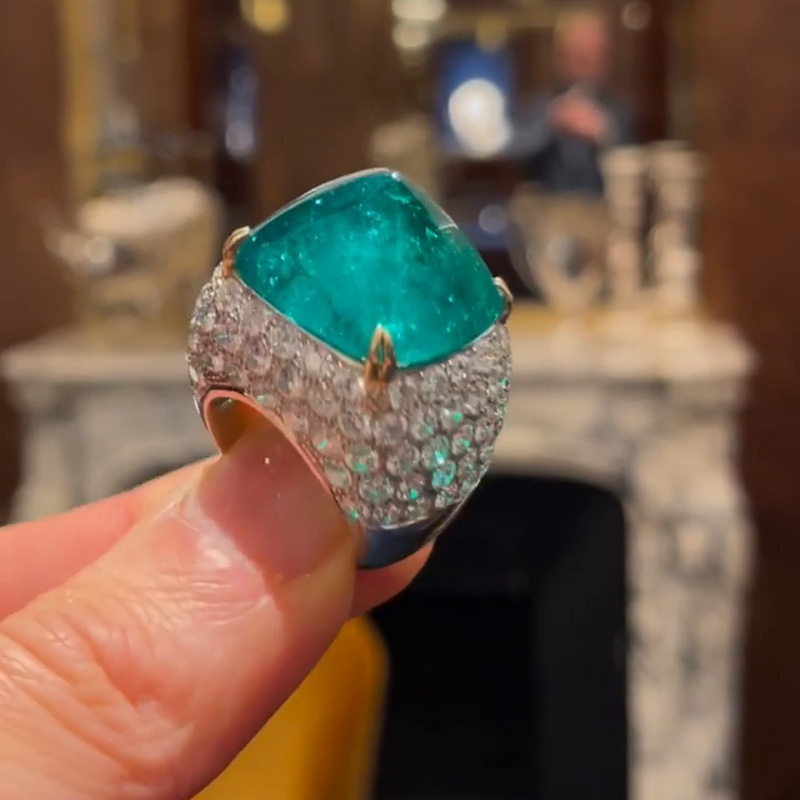 10.5ct Sugar Loaf Cabochon Emerald Paved Two-Tone Handmade Sterling Silver Ring