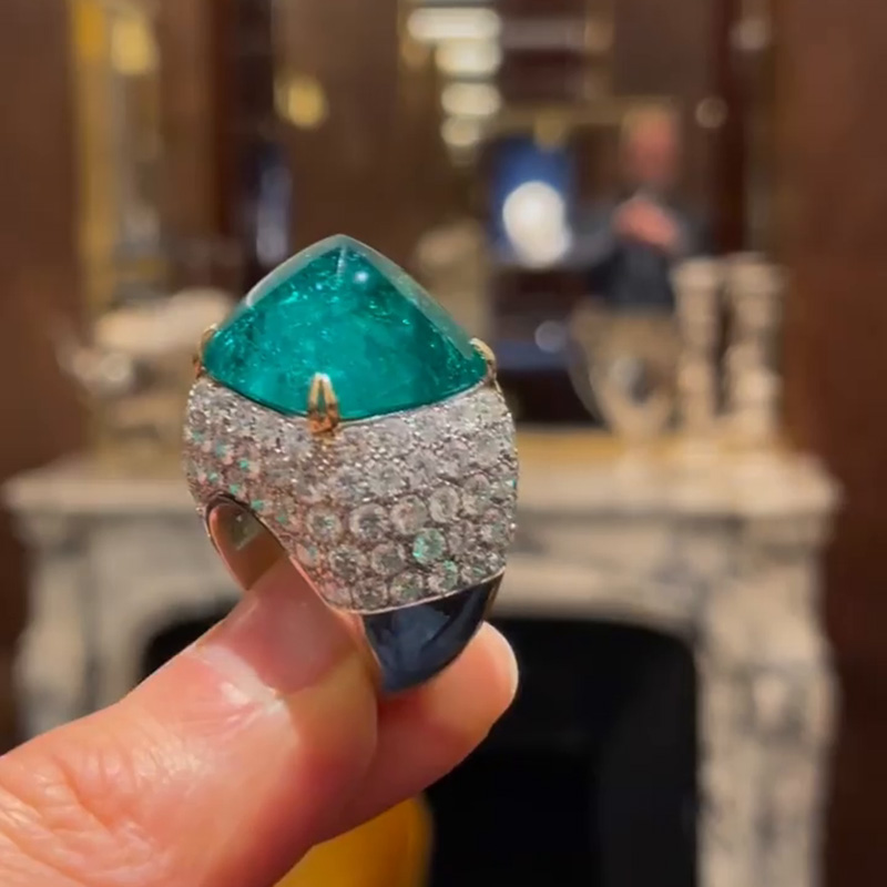 10.5ct Sugar Loaf Cabochon Emerald Paved Two-Tone Handmade Sterling Silver Ring