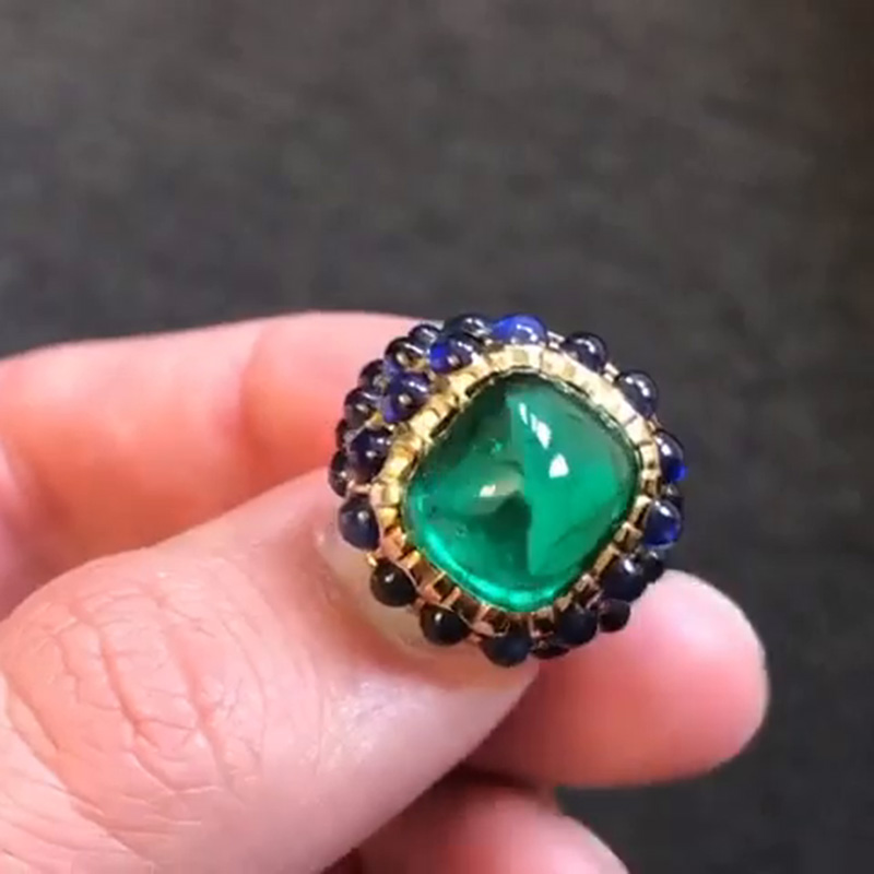 11.5ct Cabochon Emerald & Blue Sapphire Glorious Handmade Yellow Gold Men's Ring