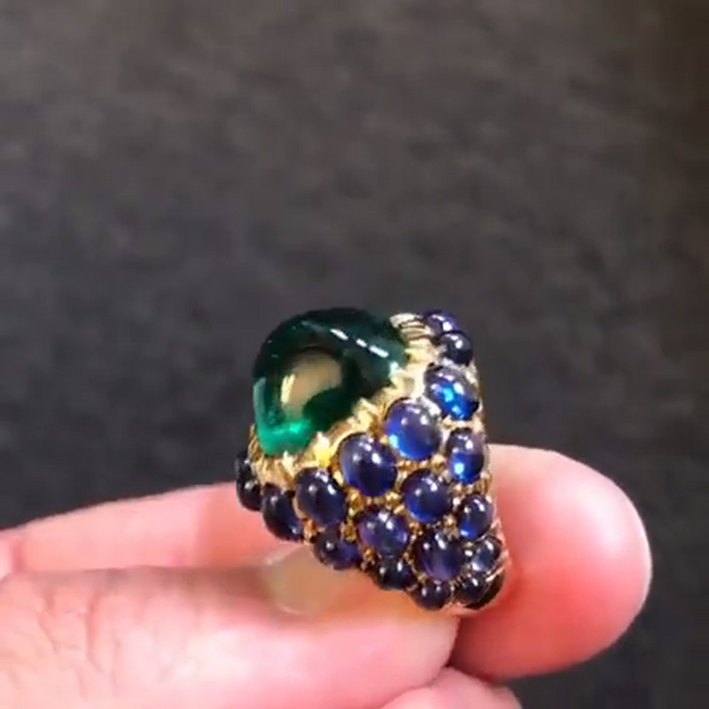 11.5ct Cabochon Emerald & Blue Sapphire Glorious Handmade Yellow Gold Men's Ring