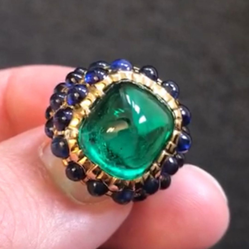 11.5ct Cabochon Emerald & Blue Sapphire Glorious Handmade Yellow Gold Men's Ring
