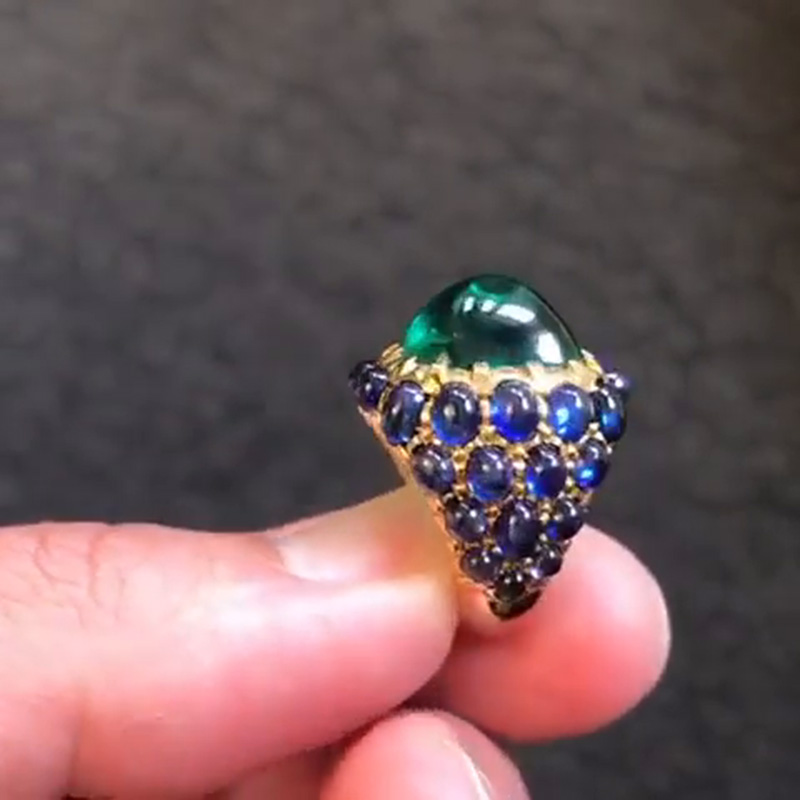 11.5ct Cabochon Emerald & Blue Sapphire Glorious Handmade Yellow Gold Men's Ring