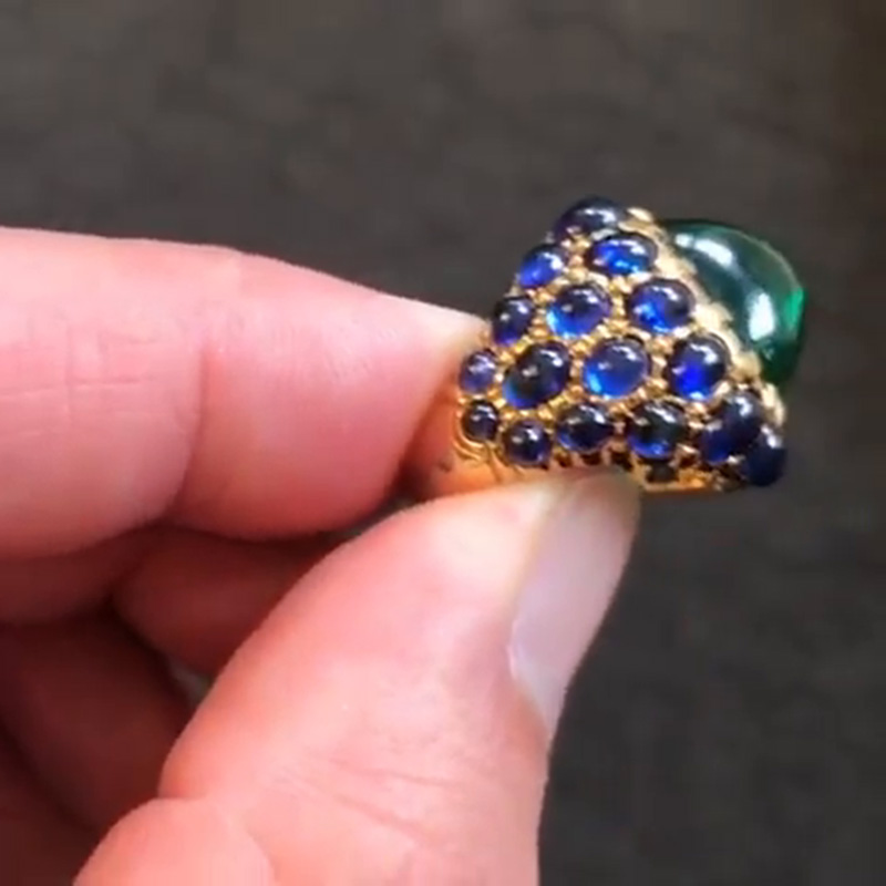 11.5ct Cabochon Emerald & Blue Sapphire Glorious Handmade Yellow Gold Men's Ring