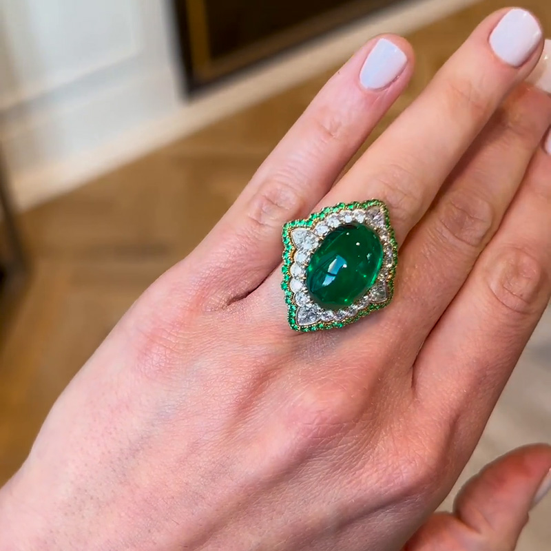 13.35ct Oval Cabochon Emerald Set Within A White Sapphire Surround Handmade Ring