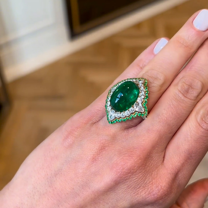 13.35ct Oval Cabochon Emerald Set Within A White Sapphire Surround Handmade Ring