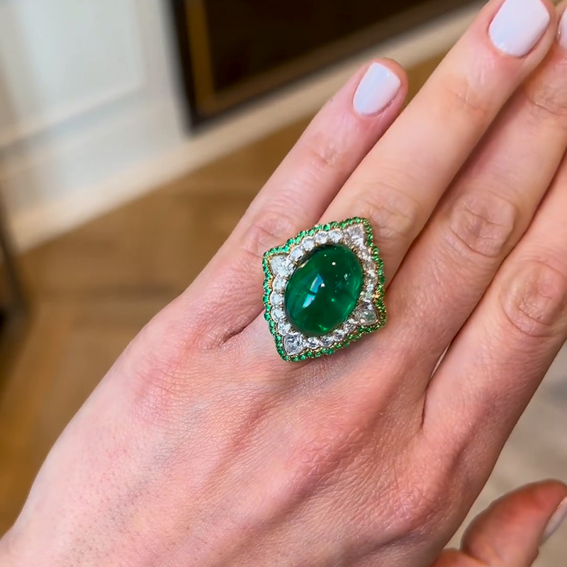 13.35ct Oval Cabochon Emerald Set Within A White Sapphire Surround Handmade Ring