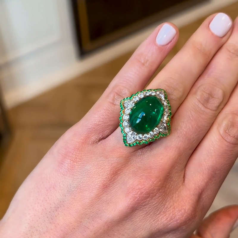 13.35ct Oval Cabochon Emerald Set Within A White Sapphire Surround Handmade Ring