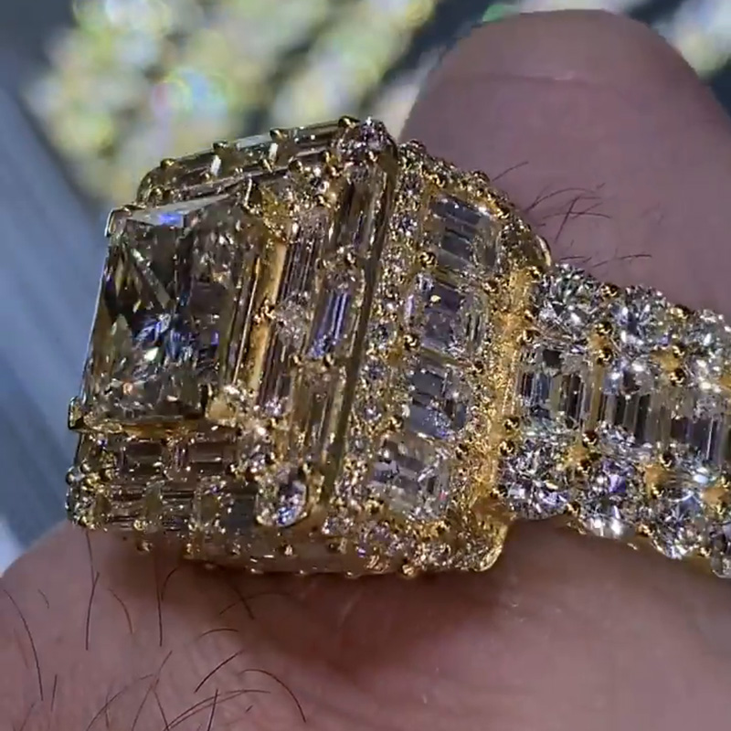 5ct Princess Cut With Emerald Cuts All Around White Sapphire Yellow Gold Men's Ring