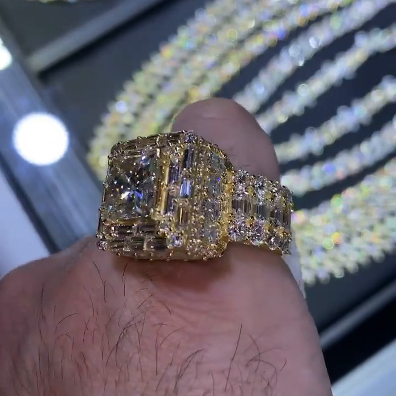 5ct Princess Cut With Emerald Cuts All Around White Sapphire Yellow Gold Men's Ring