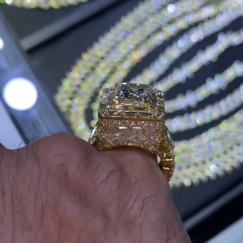 5ct Princess Cut With Emerald Cuts All Around White Sapphire Yellow Gold Men's Ring