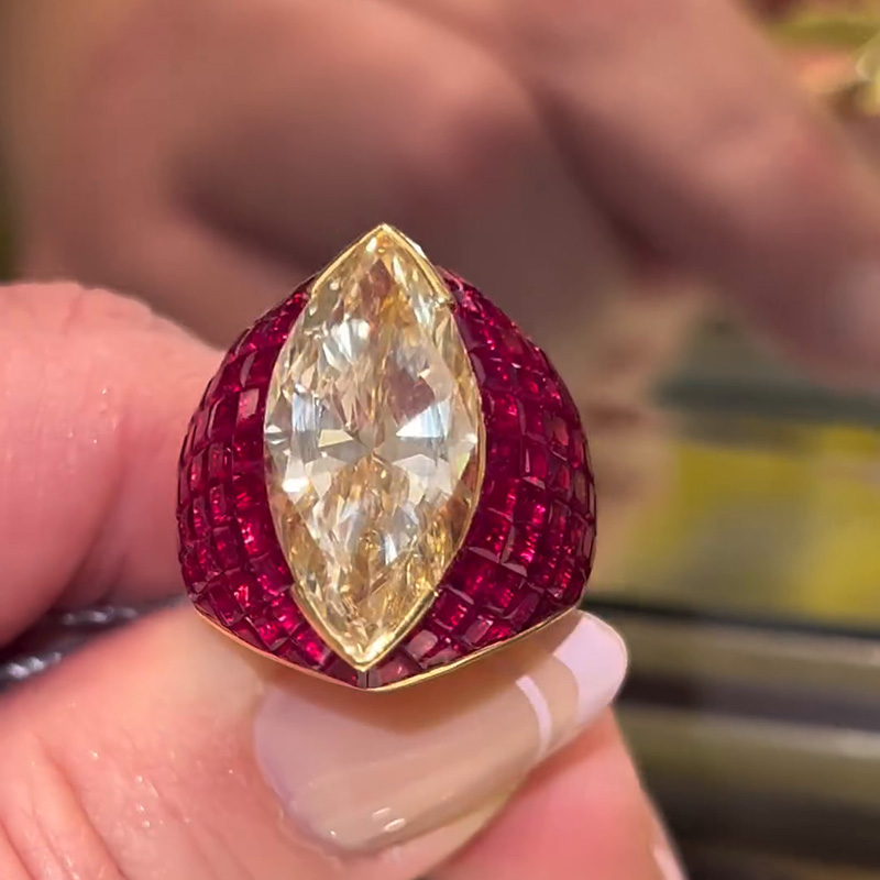 10ct Marquise Cut Yellow Sapphire With Invisible Set Rubies Handmade Yellow Gold Ring