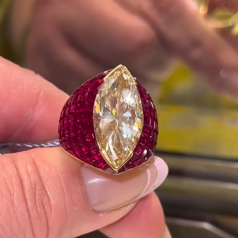 10ct Marquise Cut Yellow Sapphire With Invisible Set Rubies Handmade Yellow Gold Ring