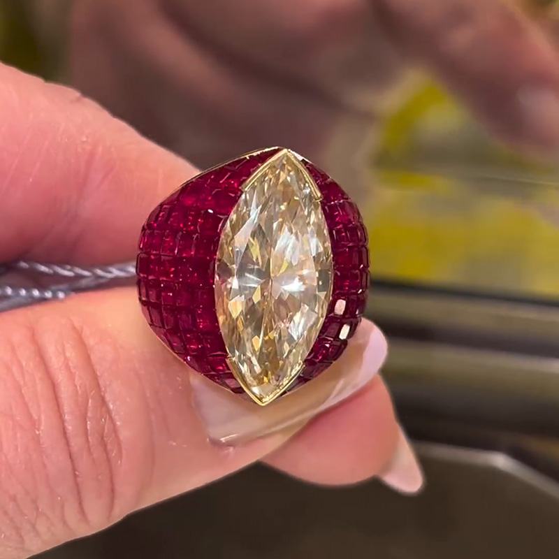 10ct Marquise Cut Yellow Sapphire With Invisible Set Rubies Handmade Yellow Gold Ring