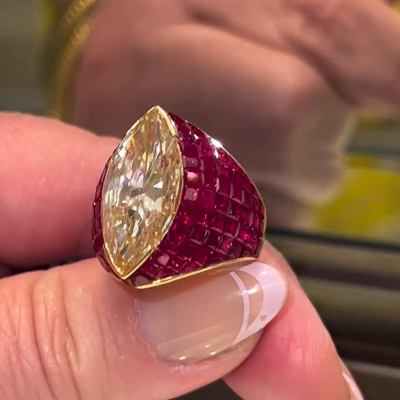 10ct Marquise Cut Yellow Sapphire With Invisible Set Rubies Handmade Yellow Gold Ring