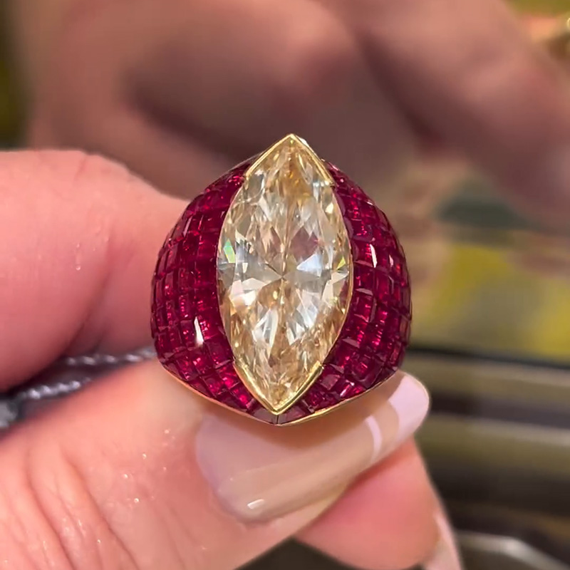 10ct Marquise Cut Yellow Sapphire With Invisible Set Rubies Handmade Yellow Gold Ring