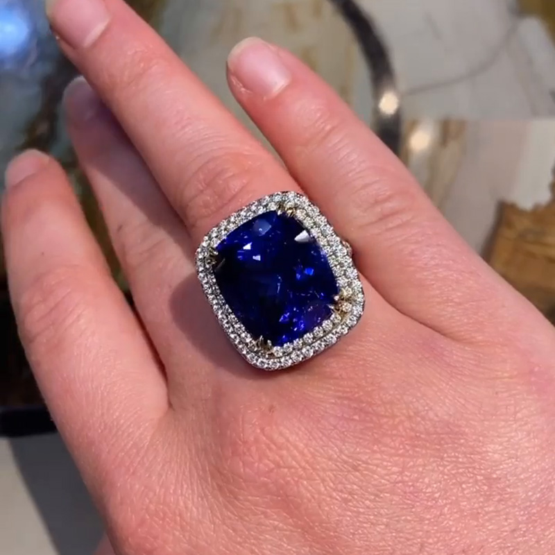 22ct Cushion Cut Blue Sapphire Double Halo Handmade Engagement Ring