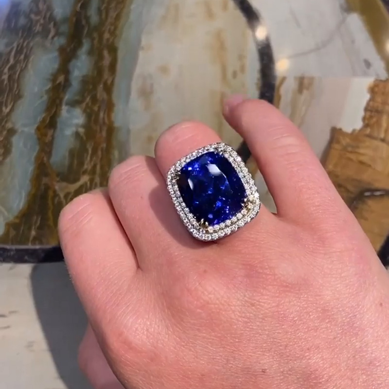 22ct Cushion Cut Blue Sapphire Double Halo Handmade Engagement Ring