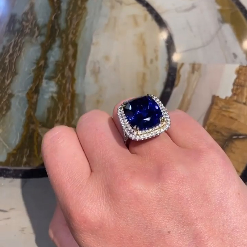 22ct Cushion Cut Blue Sapphire Double Halo Handmade Engagement Ring