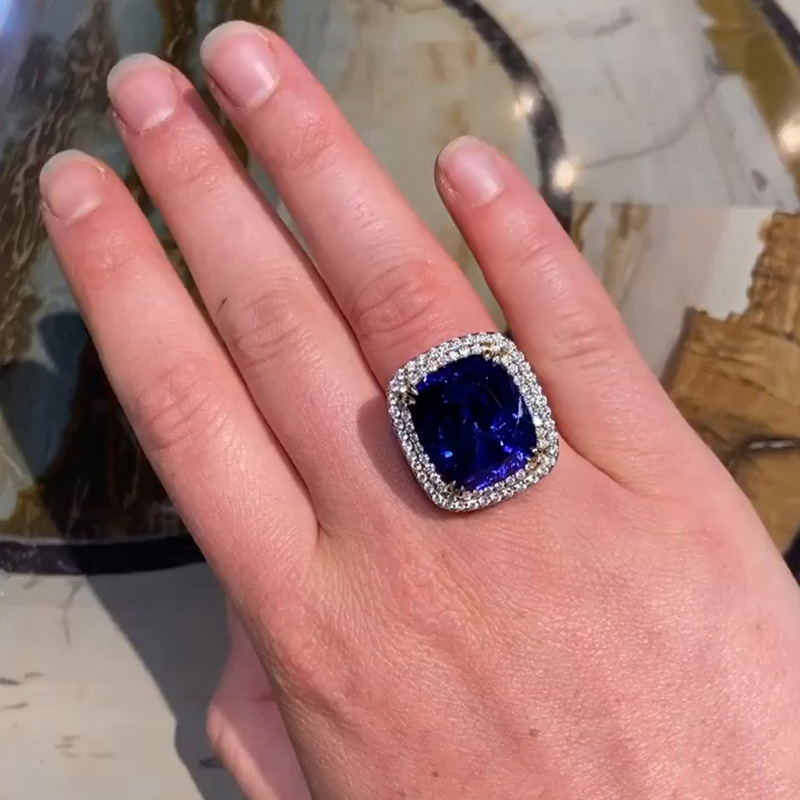 22ct Cushion Cut Blue Sapphire Double Halo Handmade Engagement Ring