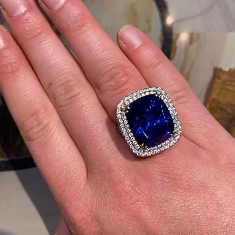 22ct Cushion Cut Blue Sapphire Double Halo Handmade Engagement Ring