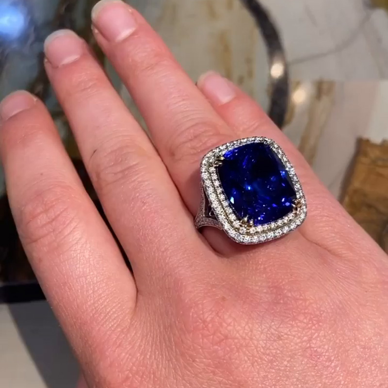 22ct Cushion Cut Blue Sapphire Double Halo Handmade Engagement Ring