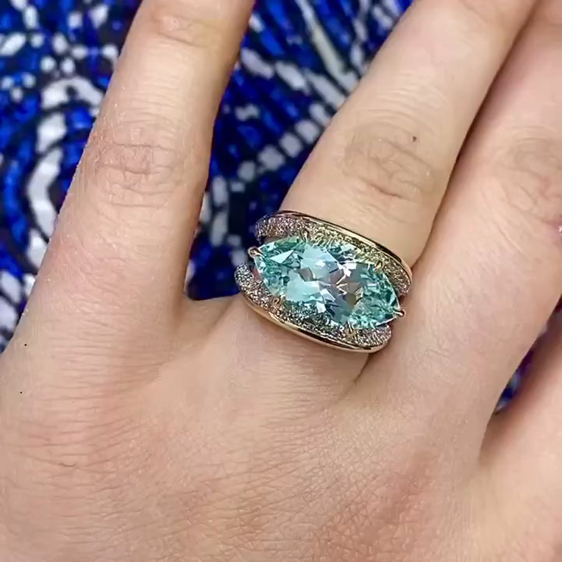 9ct Marquise Cut Aquamarine With Pavé White Sapphires  Robin’s Egg Two Tone Cocktail Ring