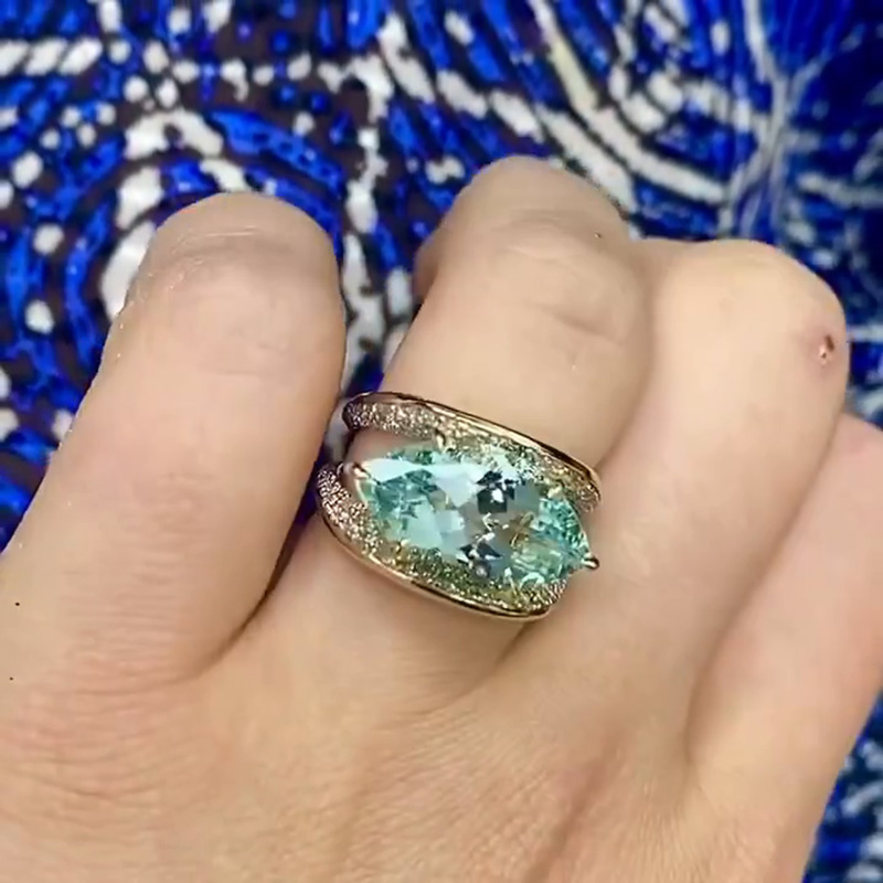 9ct Marquise Cut Aquamarine With Pavé White Sapphires  Robin’s Egg Two Tone Cocktail Ring