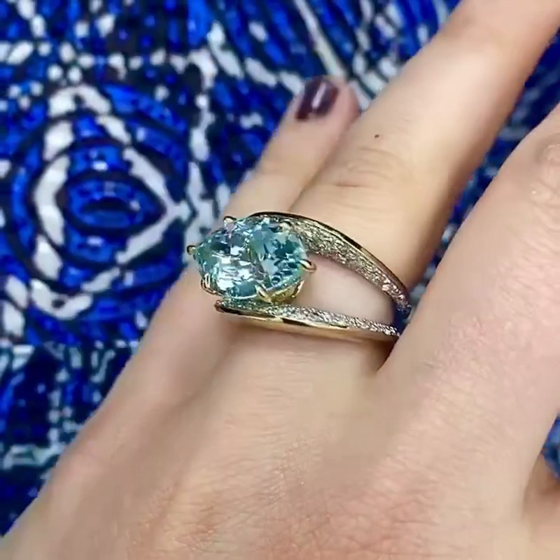 9ct Marquise Cut Aquamarine With Pavé White Sapphires  Robin’s Egg Two Tone Cocktail Ring