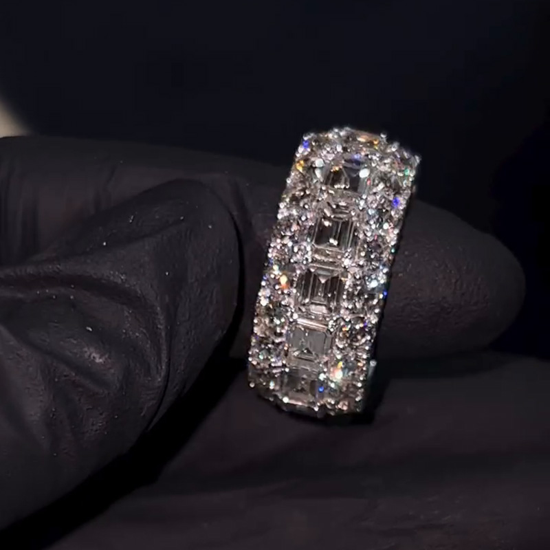 Emerald And Round Cut White Moissanite Eternity Mens Wedding Ring