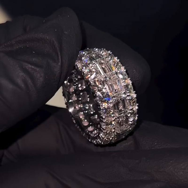 Emerald And Round Cut White Moissanite Eternity Mens Wedding Ring