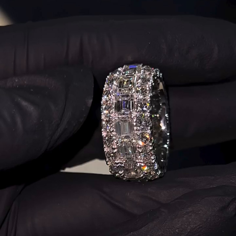 Emerald And Round Cut White Moissanite Eternity Mens Wedding Ring