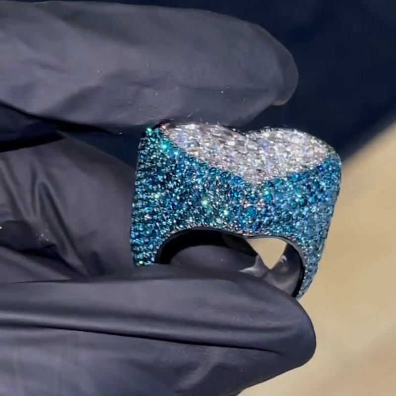 Emerald Cut White Sapphire With Paved Round Cut Blue Sapphires Handmade Men's Ring