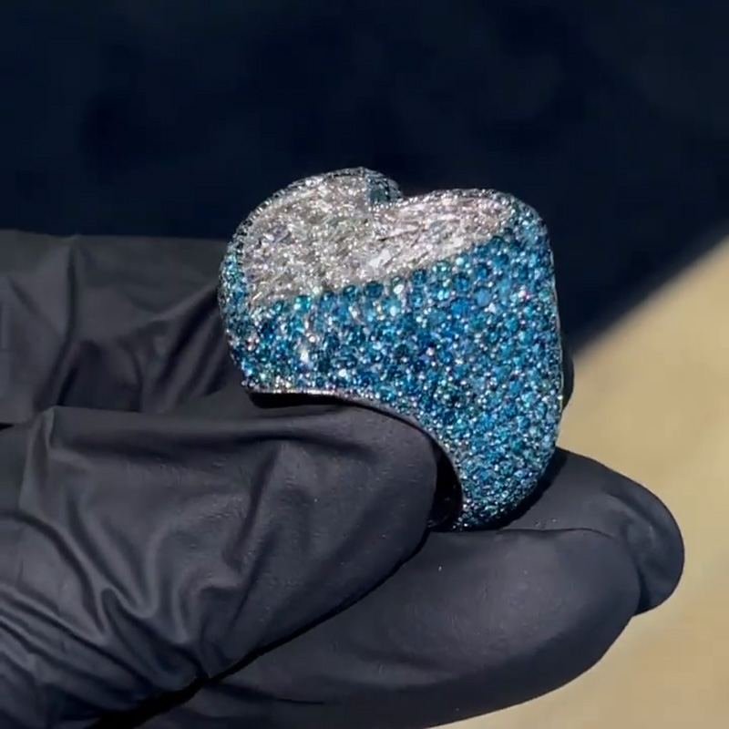 Emerald Cut White Sapphire With Paved Round Cut Blue Sapphires Handmade Men's Ring