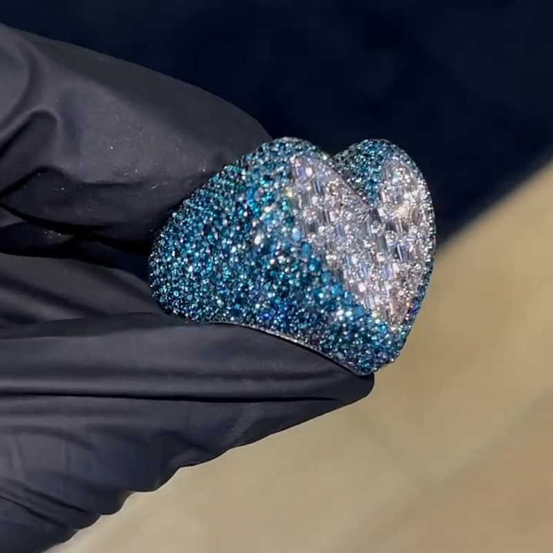 Emerald Cut White Sapphire With Paved Round Cut Blue Sapphires Handmade Men's Ring