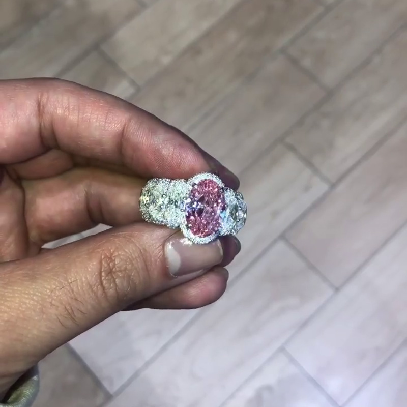 5ct Oval Cut Pink Sapphire Surrounded By Pave White Sapphires Eternity Men's Ring