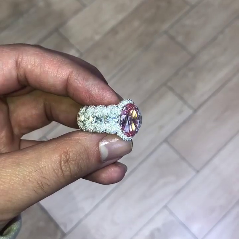 5ct Oval Cut Pink Sapphire Surrounded By Pave White Sapphires Eternity Men's Ring