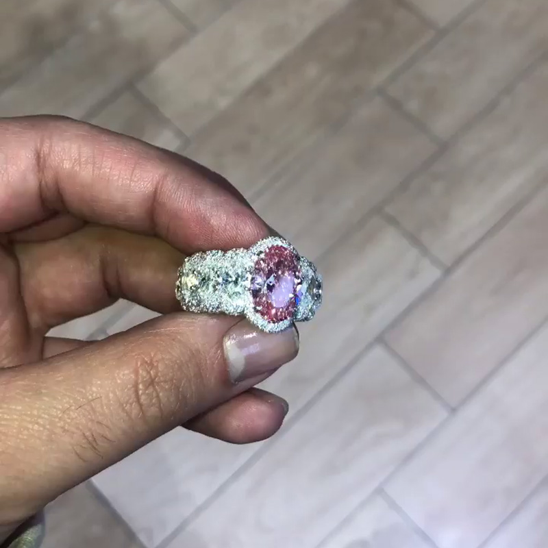 5ct Oval Cut Pink Sapphire Surrounded By Pave White Sapphires Eternity Men's Ring