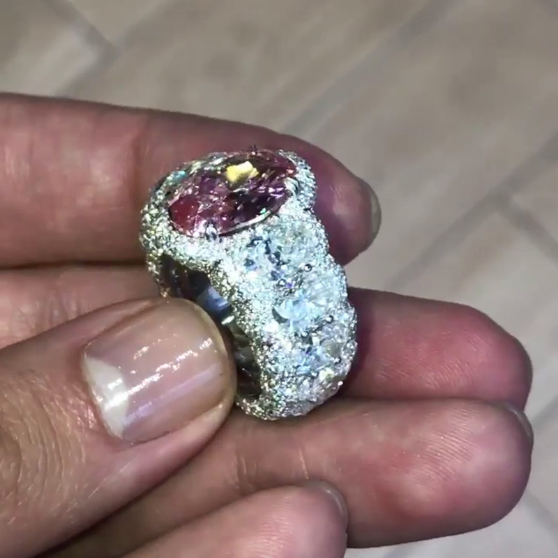 5ct Oval Cut Pink Sapphire Surrounded By Pave White Sapphires Eternity Men's Ring