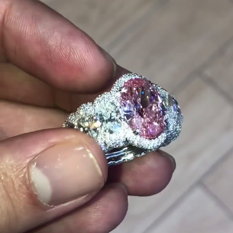 5ct Oval Cut Pink Sapphire Surrounded By Pave White Sapphires Eternity Men's Ring