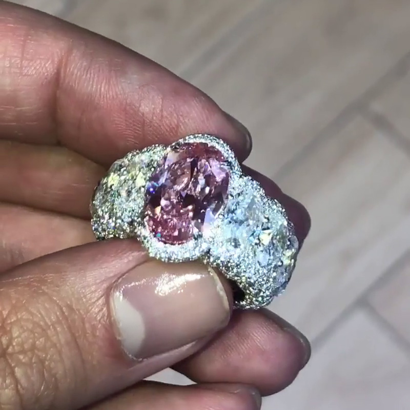 5ct Oval Cut Pink Sapphire Surrounded By Pave White Sapphires Eternity Men's Ring