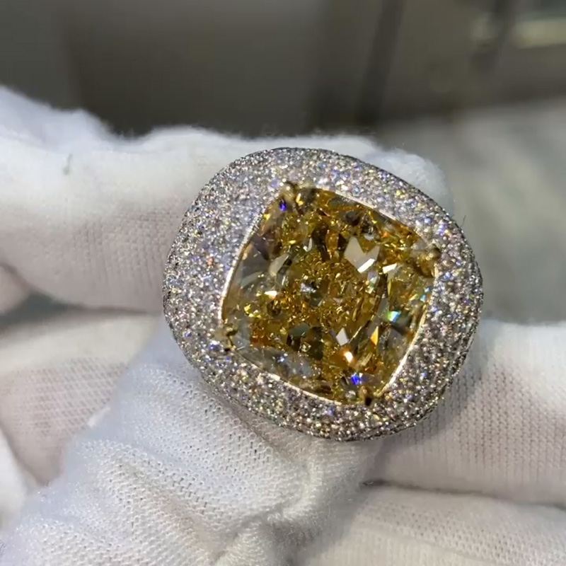 15.36ct Cushion Cut Fancy Yellow Sapphire Pave Handmade Men's Ring