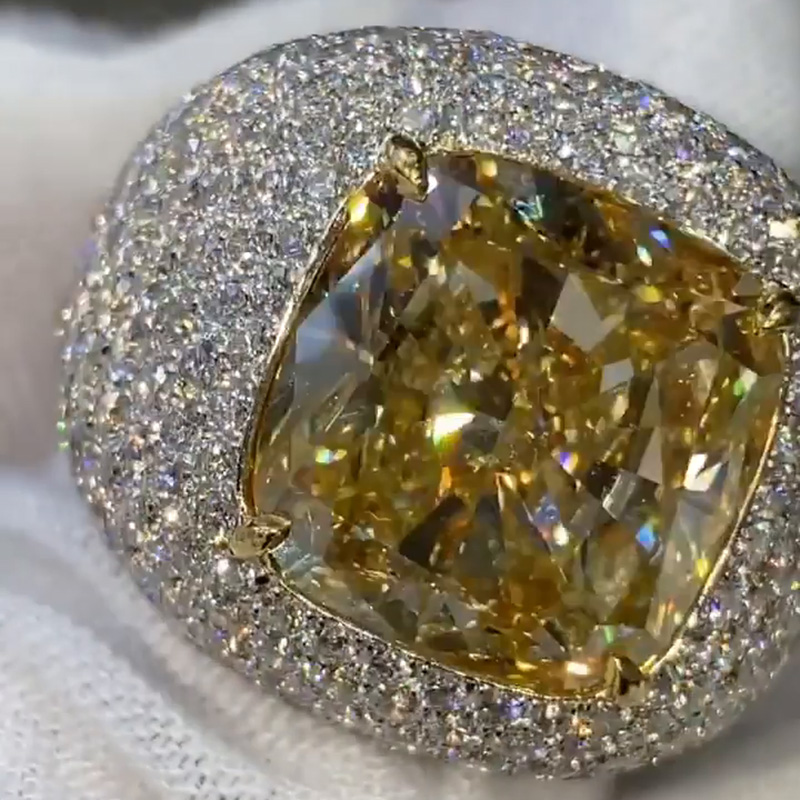 15.36ct Cushion Cut Fancy Yellow Sapphire Pave Handmade Men's Ring