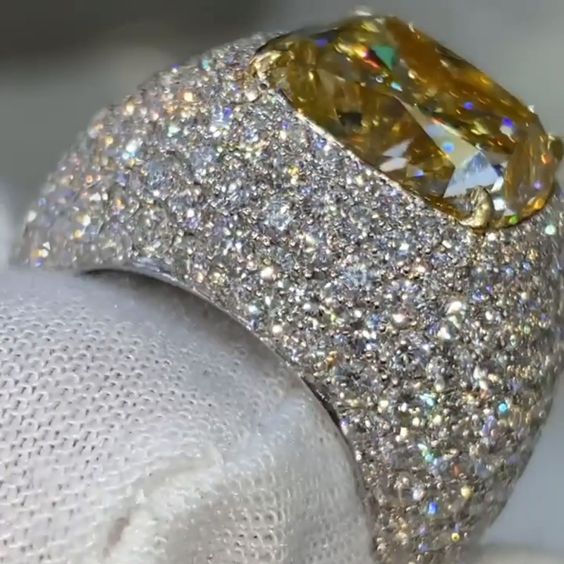 15.36ct Cushion Cut Fancy Yellow Sapphire Pave Handmade Men's Ring