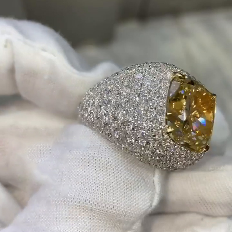 15.36ct Cushion Cut Fancy Yellow Sapphire Pave Handmade Men's Ring