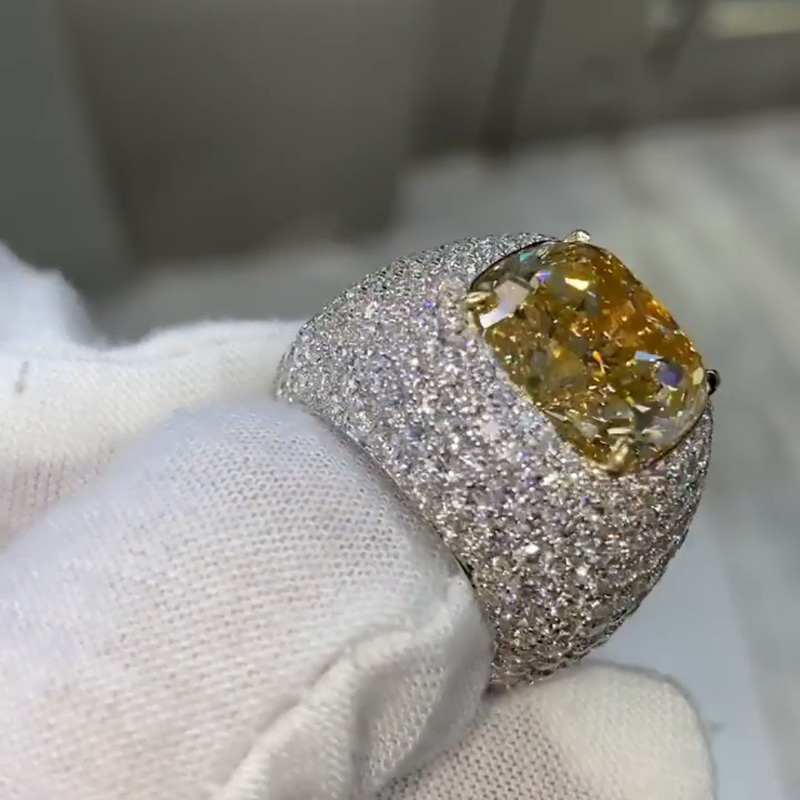 15.36ct Cushion Cut Fancy Yellow Sapphire Pave Handmade Men's Ring