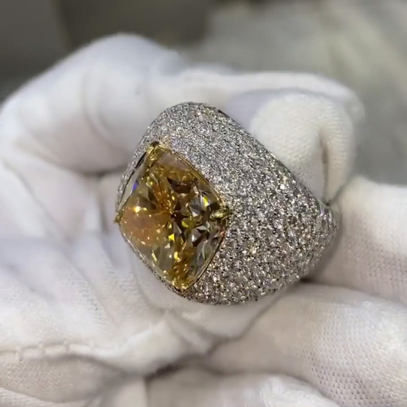15.36ct Cushion Cut Fancy Yellow Sapphire Pave Handmade Men's Ring