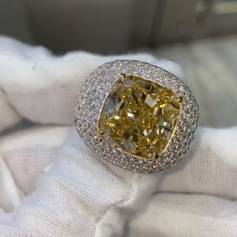 15.36ct Cushion Cut Fancy Yellow Sapphire Pave Handmade Men's Ring